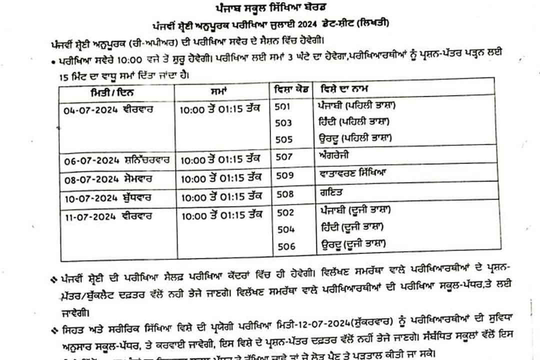 Punjab Board Date Sheet