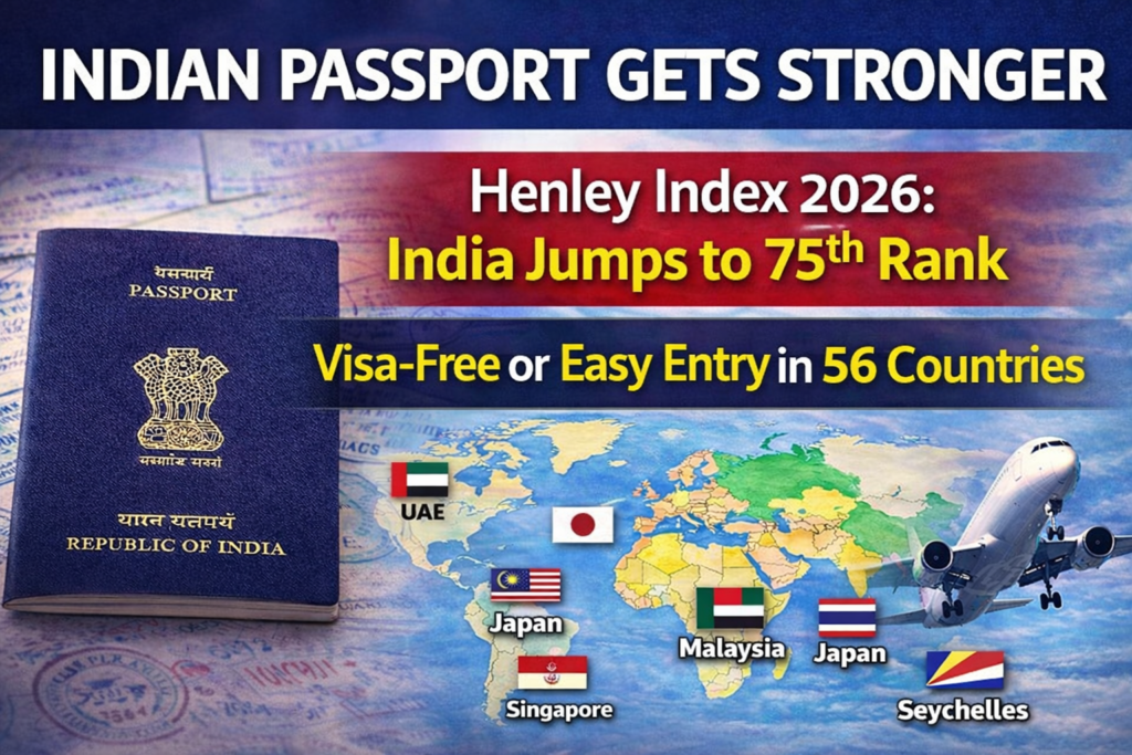 Indian Passport Ranking : भारतीय पासपोर्ट की बढ़ी ताकत: हेनली इंडेक्स 2026 में भारत 75वें स्थान पर, 56 देशों में वीजा-फ्री या आसान एंट्री 1 Indian passport ranks stronger in 2026 Indian passport ranks stronger in 2026 Indian passport ranking