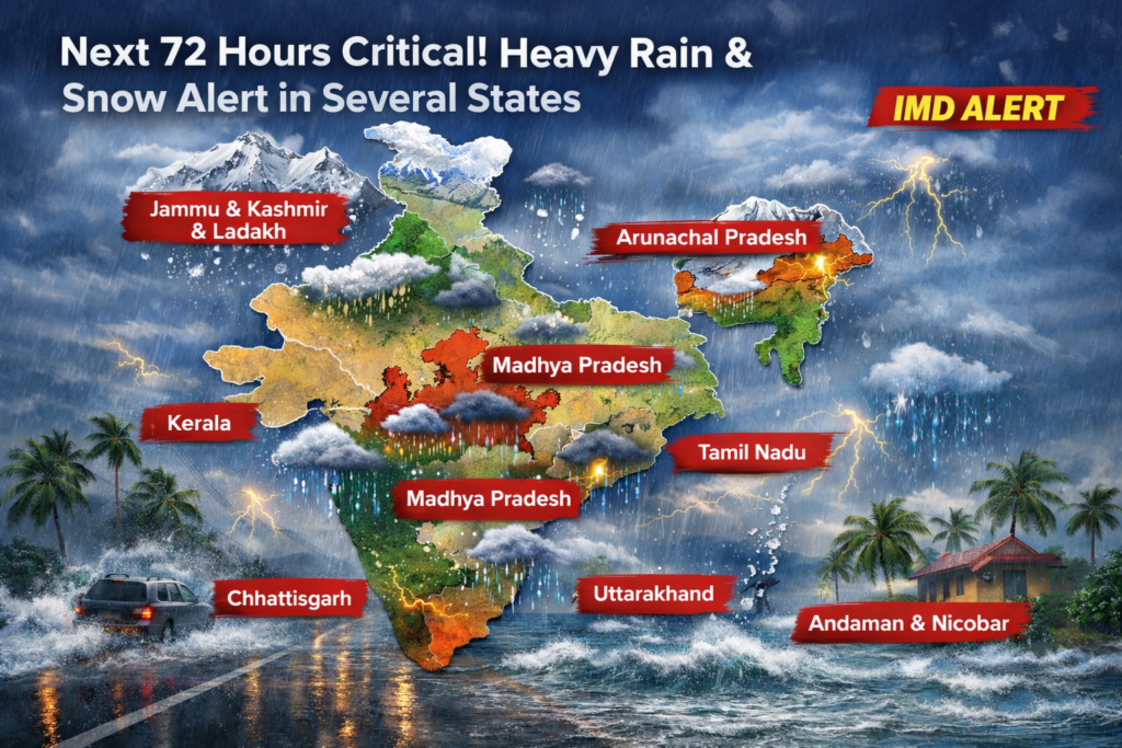 Weather Alert : अगले 72 घंटे भारी: कई राज्यों में तेज बारिश और बर्फबारी का अलर्ट, IMD की चेतावनी