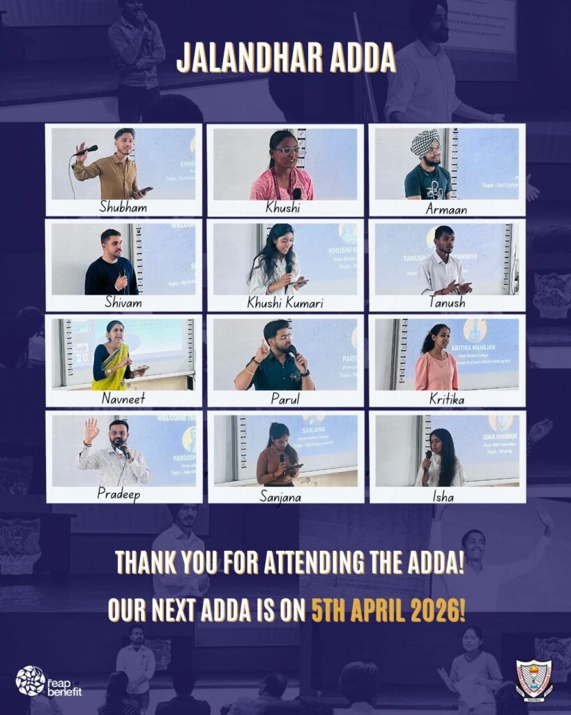 Adda at Jalandhar : दोआबा कॉलेज में ‘Adda’ बना युवाओं की आवाज़ का मंच, 45 से अधिक प्रतिभागियों ने साझा किए विचार और अनुभव Adda at Jalandhar : दोआबा कॉलेज में ‘Adda’ बना युवाओं की आवाज़ का मंच, 45 से अधिक प्रतिभागियों ने साझा किए विचार और अनुभव