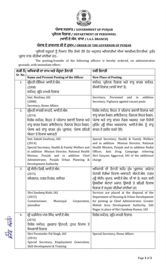 Punjab IAS Transfer 2026