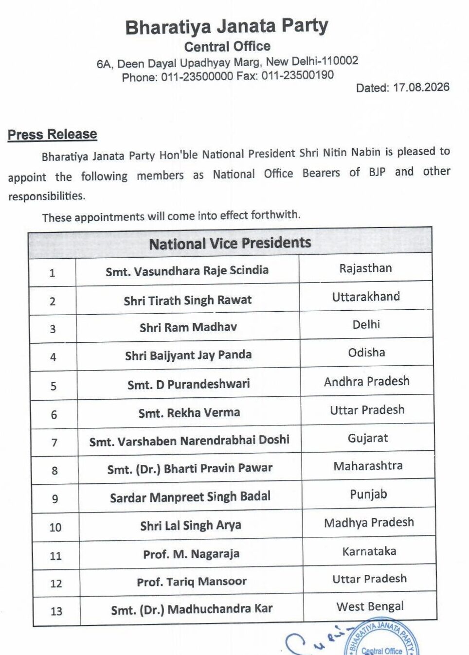 Nitin Navin BJP New Team